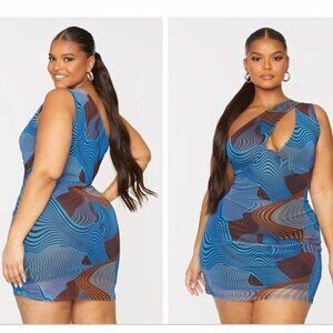 Pretty Little Thing SZ24 Blue Contour Print Mesh One Shoulder Bodycon Dress NWT